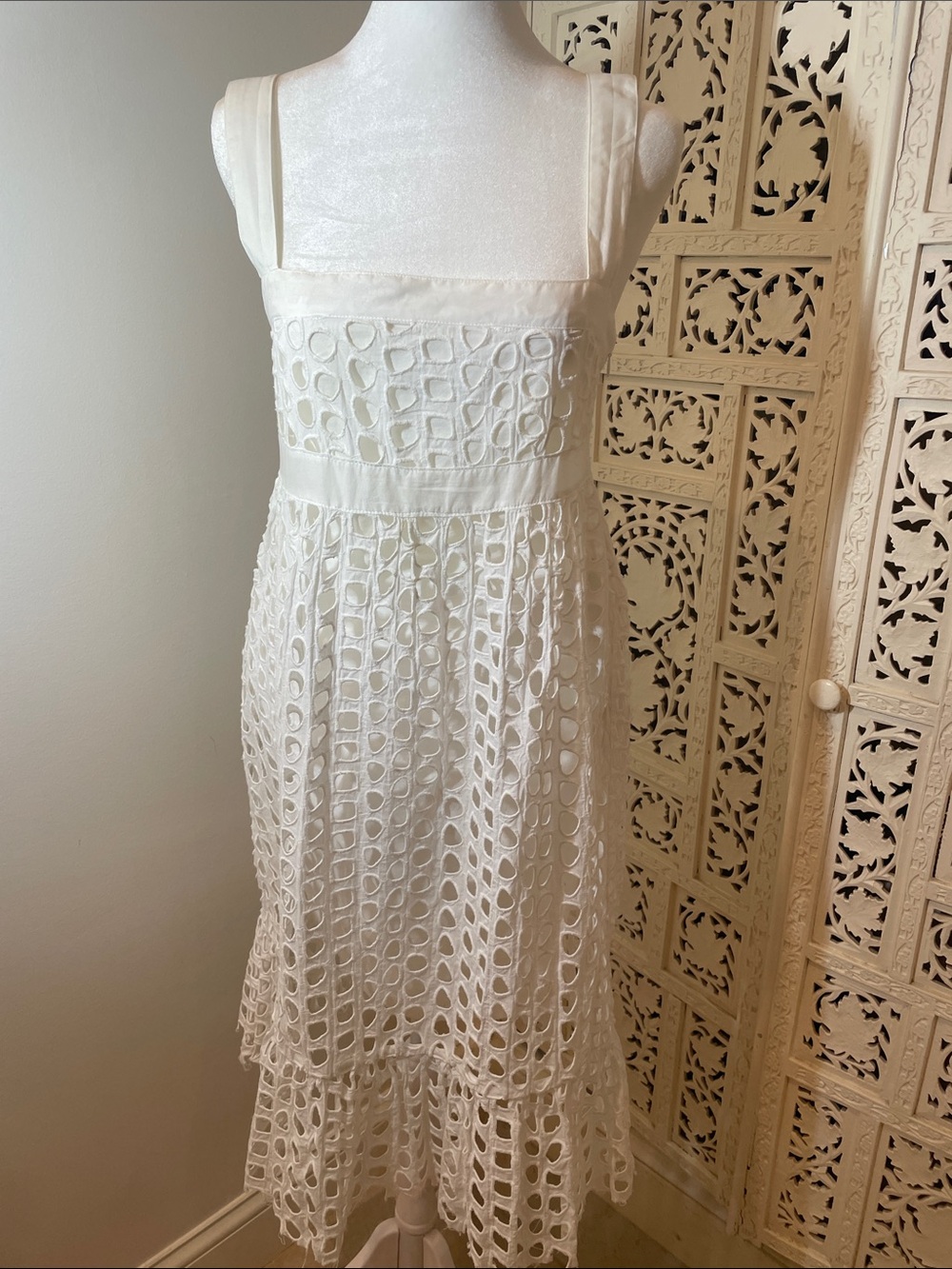 White Eyelet Midi Dress with Square Neckline
